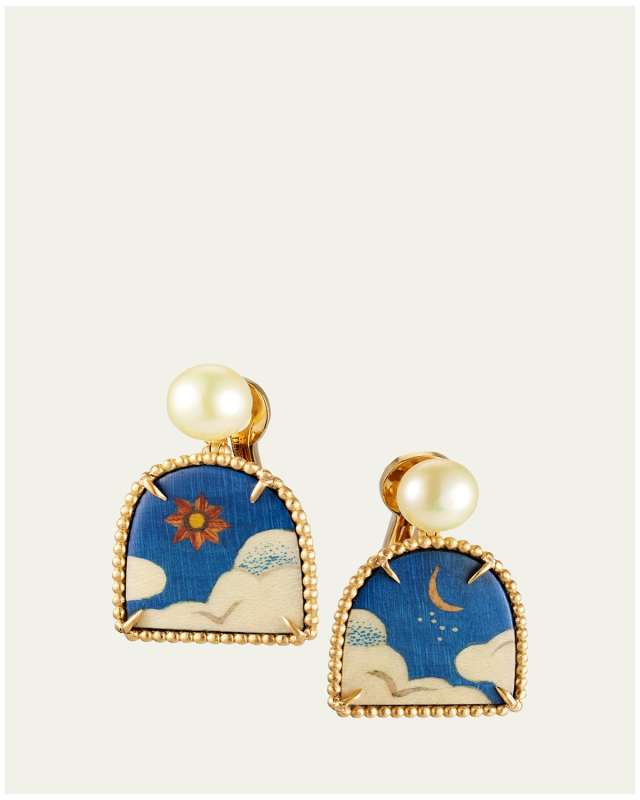 Marquetry 18K Gold Tibetan Sky Window Earrings with Pearls and Diamonds